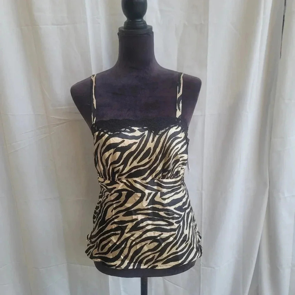 NWT Cinema Etoile Beige Black Zebra Babydoll Top Satin Lace Silky Sz M